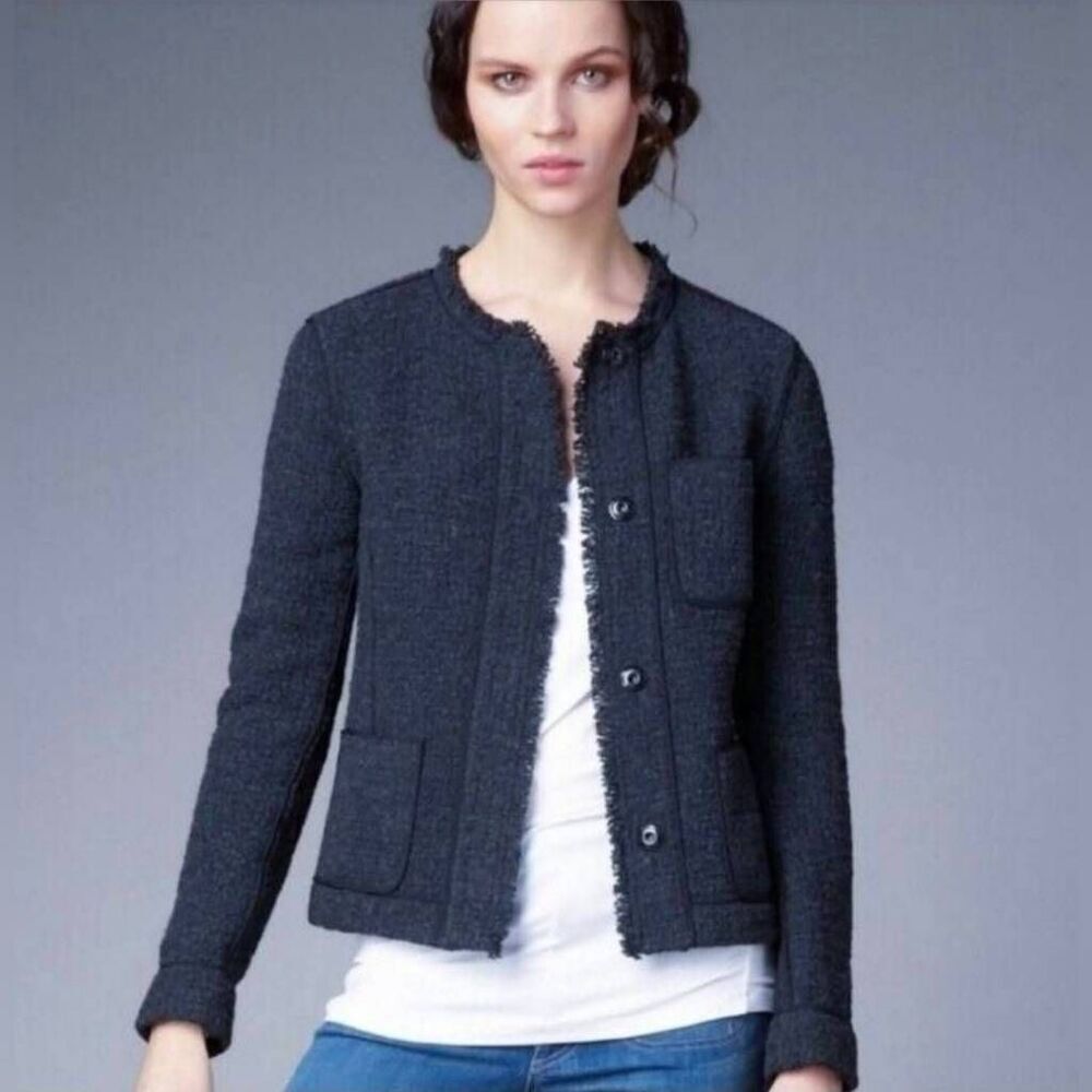 Vince Frayed Hem Wool Blend Boucle Blazer Women's 8 Charcoal Gray Jacket